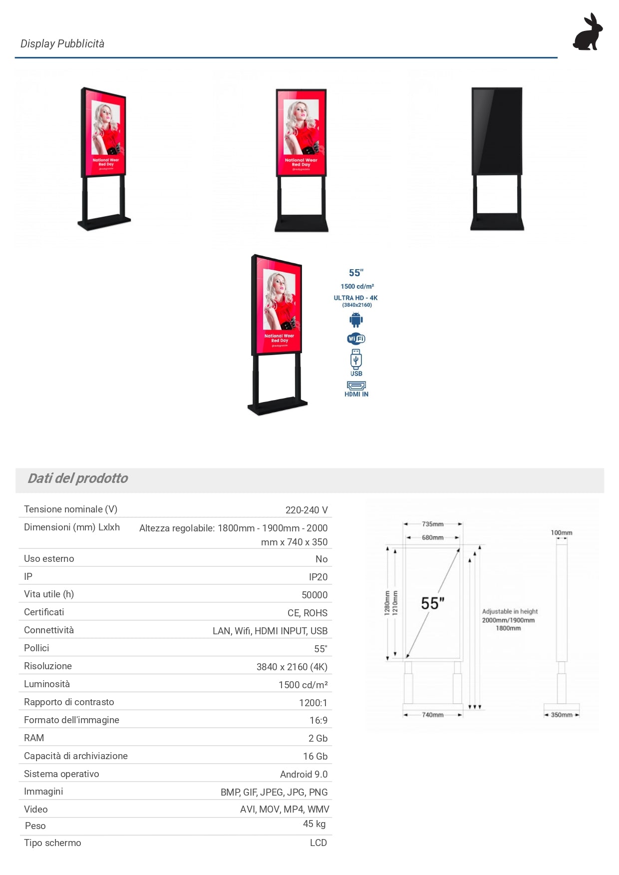 Display pubblicitario LCD per vetrine UHD 4K - 55" - Android - Indoor
