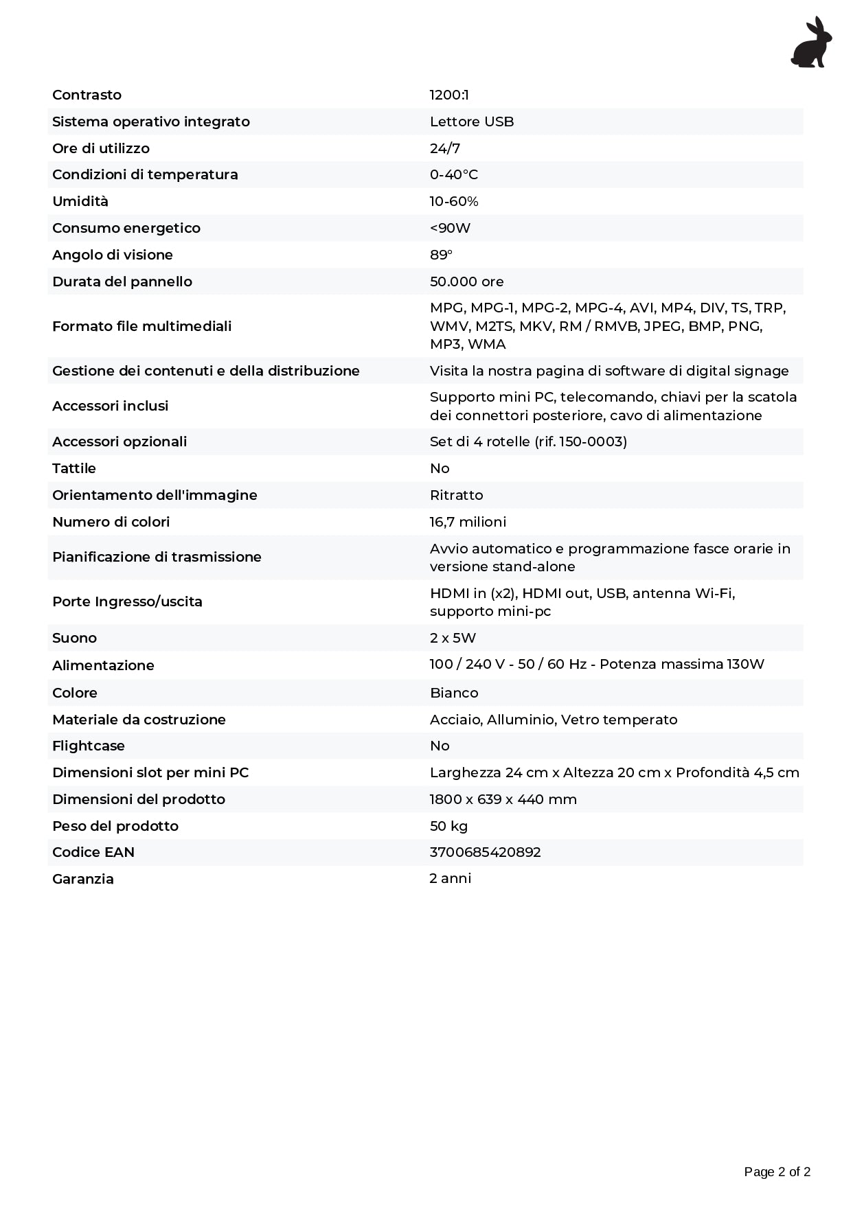 Totem Video 43'', FULL HD, 500 cd, 24/7, Indoor, Bianco