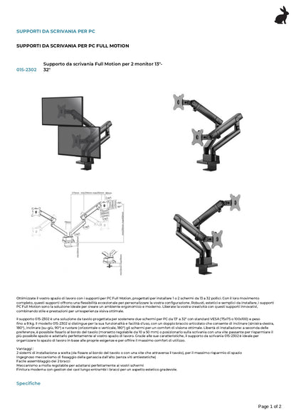Supporto da scrivania Full Motion per 2 monitor 13"-32" Regolabili in Altezza Girevoli Rotanti Inclinabili
