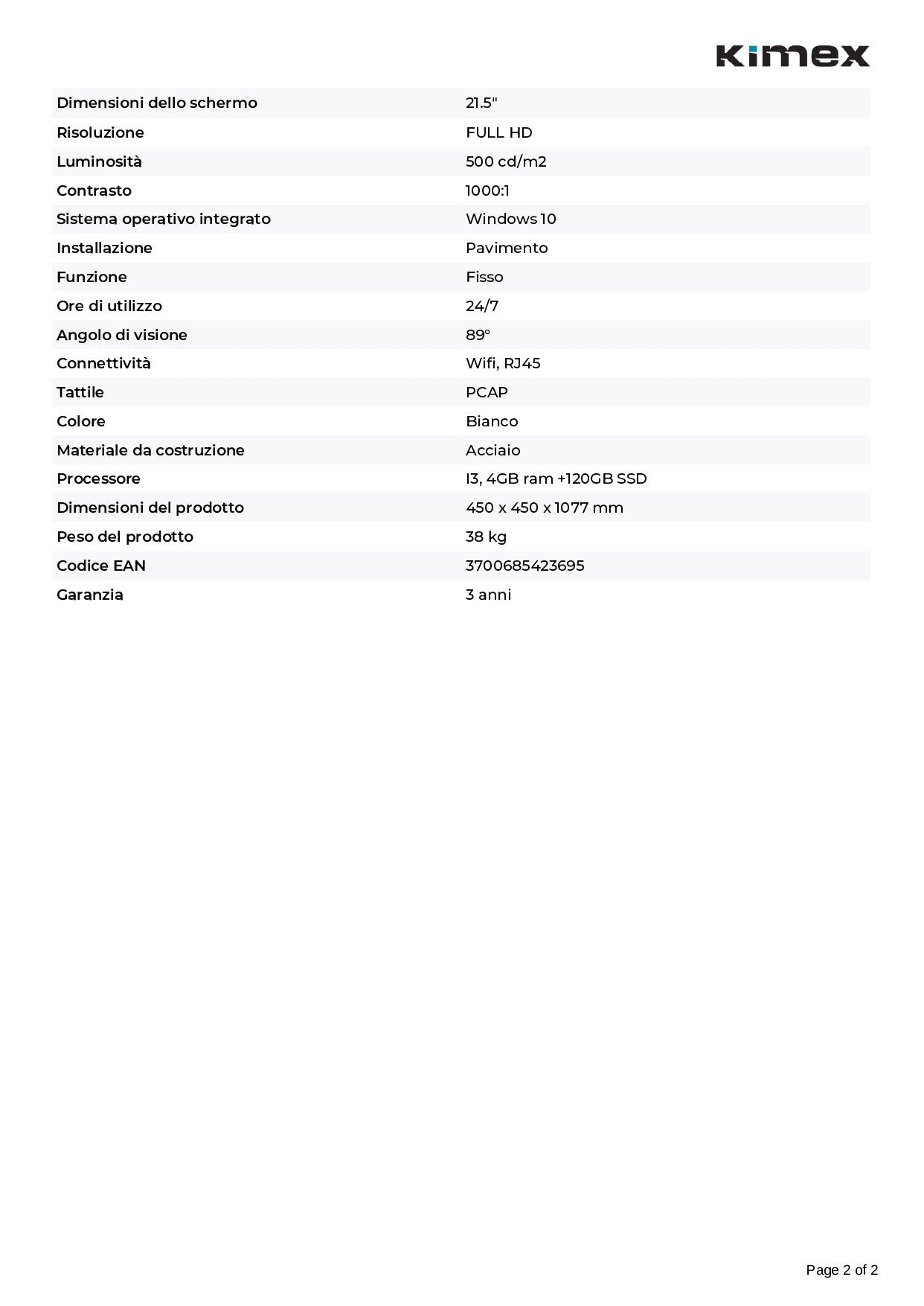 Chiosco interattivo Touch 21.5'', Windows 10, con lettore di codici QR e stampante