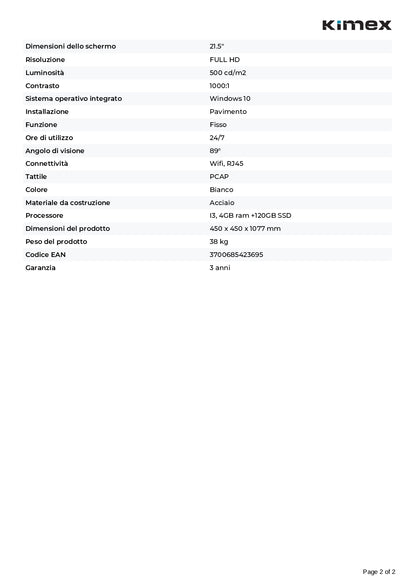 Chiosco interattivo Touch 21.5'', Windows 10, con lettore di codici QR e stampante